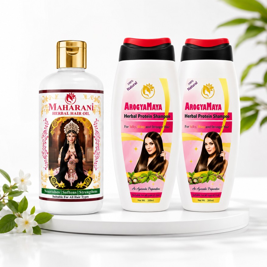 Maharani Herbal Hair Oil + ArogyaMaya Herbal Protein Shampoo (Combo Pack of 1+2)