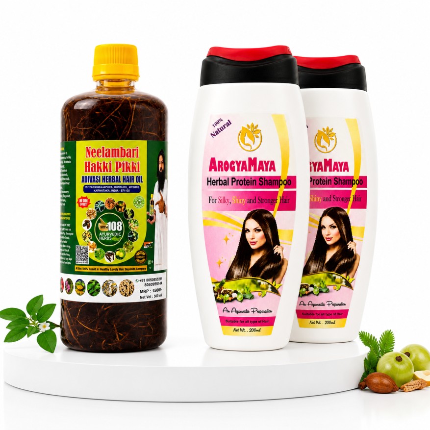 Neelambari Hakki Pikki Adivasi Hair Oil + ArogyaMaya Herbal Protein Shampoo (Combo Pack of 1+2)